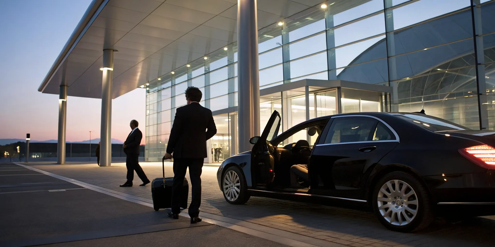 Professional using a Wayne executive transport service for a luxury airport transfer.