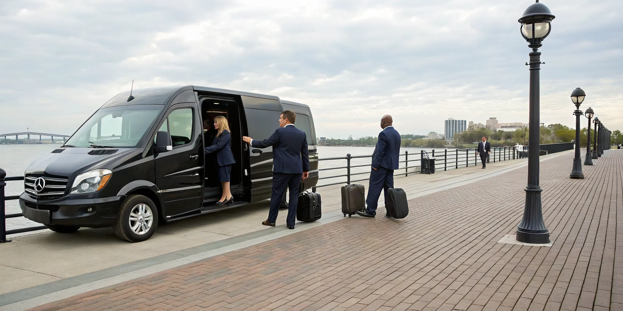 Corporate group transfer service with a black van by the Wilmington waterfront.