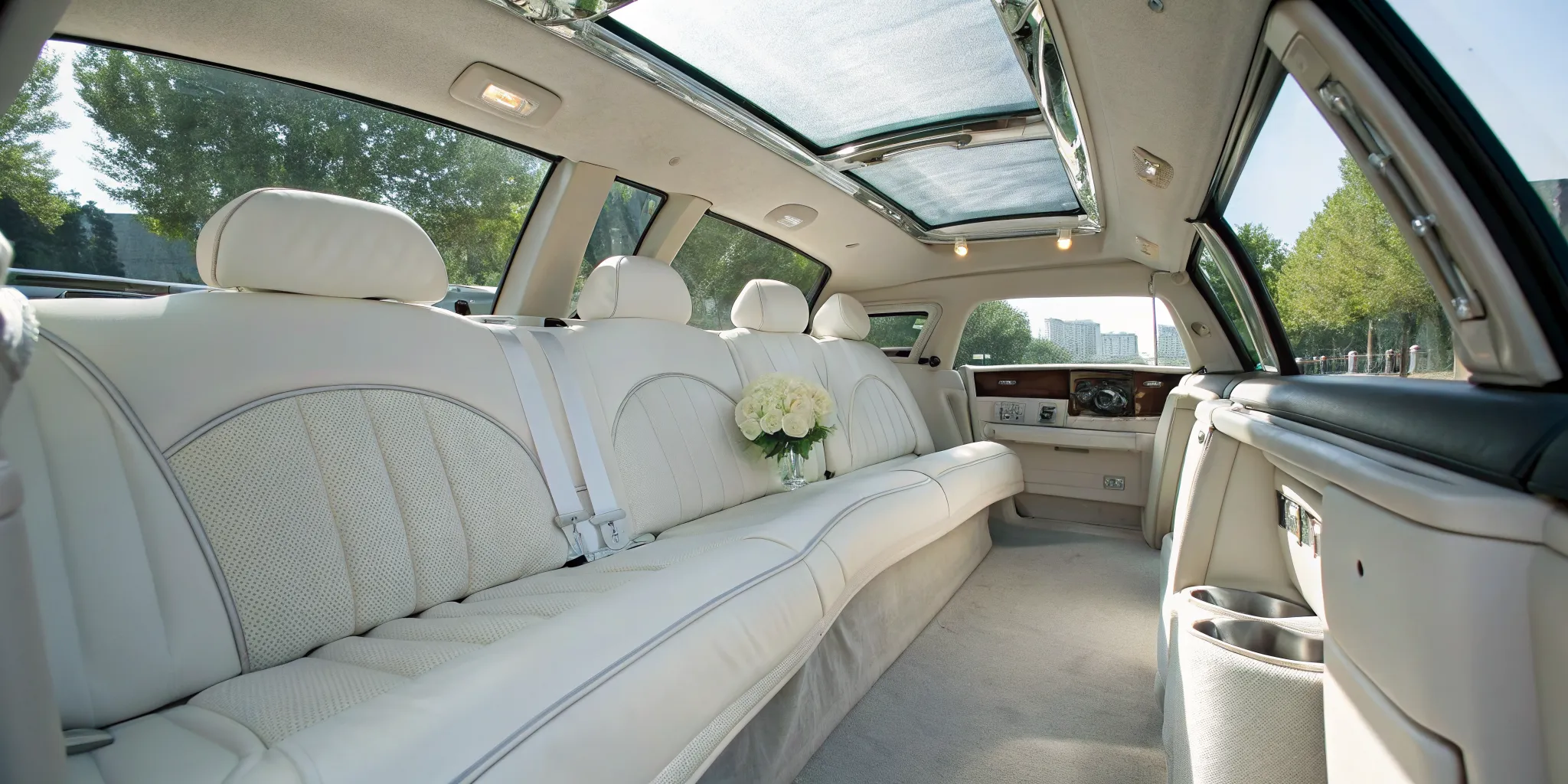 Air-conditioned bridal limo interior with a bouquet on white leather seats for an Atlantic City wedding.