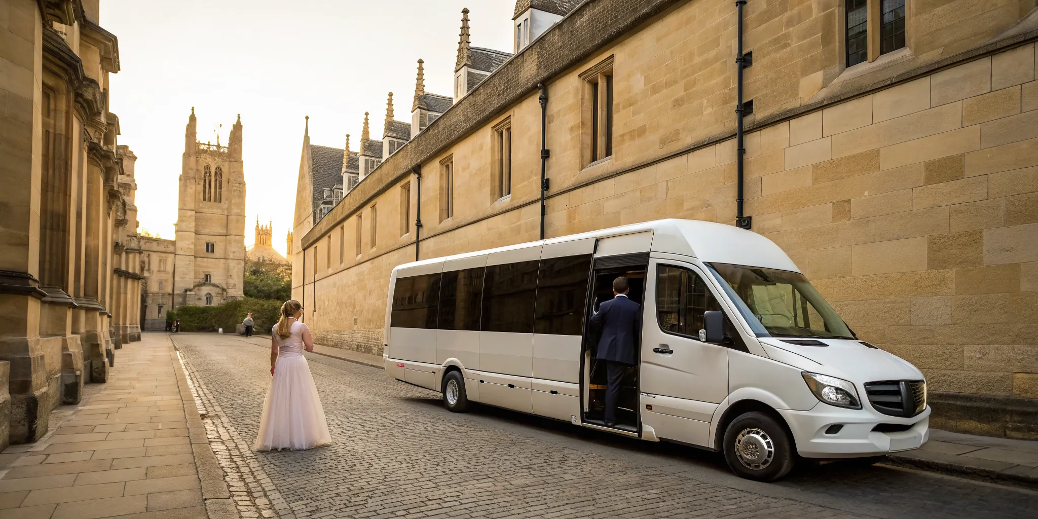 Bride and groom boarding a luxury bridal shuttle in Oxford.