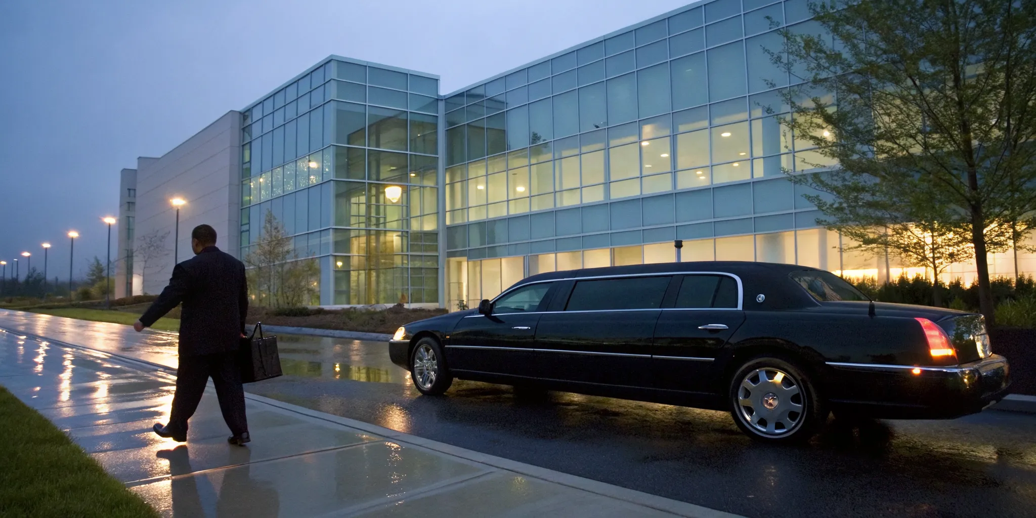 A black corporate limo waits for an executive outside a Glen Mills office building.