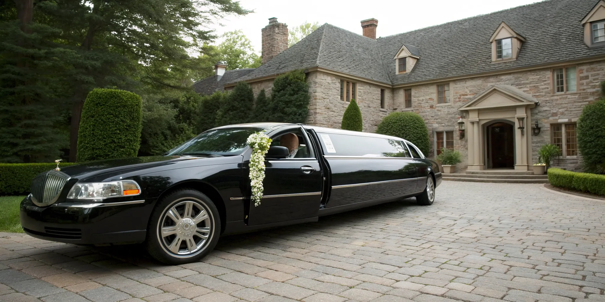 A decorated black limo ready for a wedding in Glen Mills.