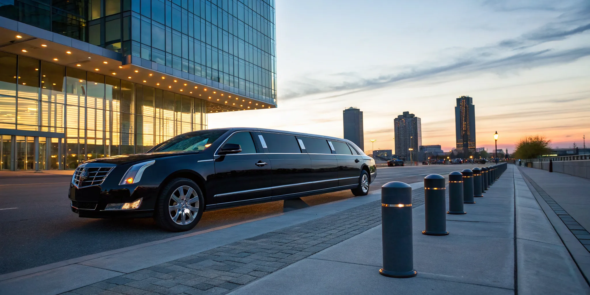 A Bayonne corporate limo parked outside an office, ready for executive transport.