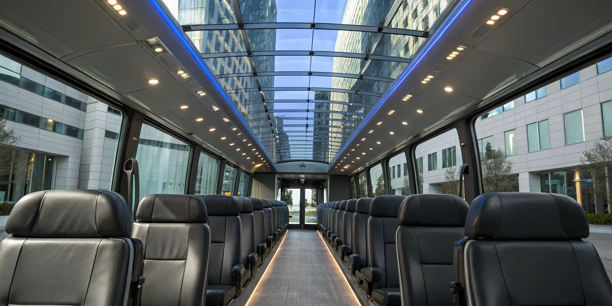 Interior of a luxury charter bus for event transportation in Atlantic City.