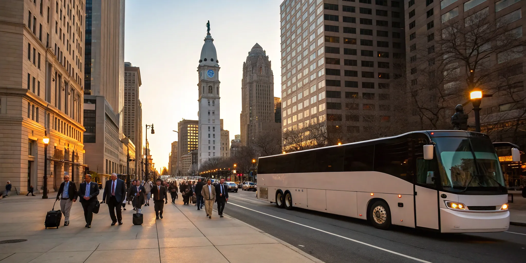 Group transportation charter bus in front of Philadelphia's City Hall.