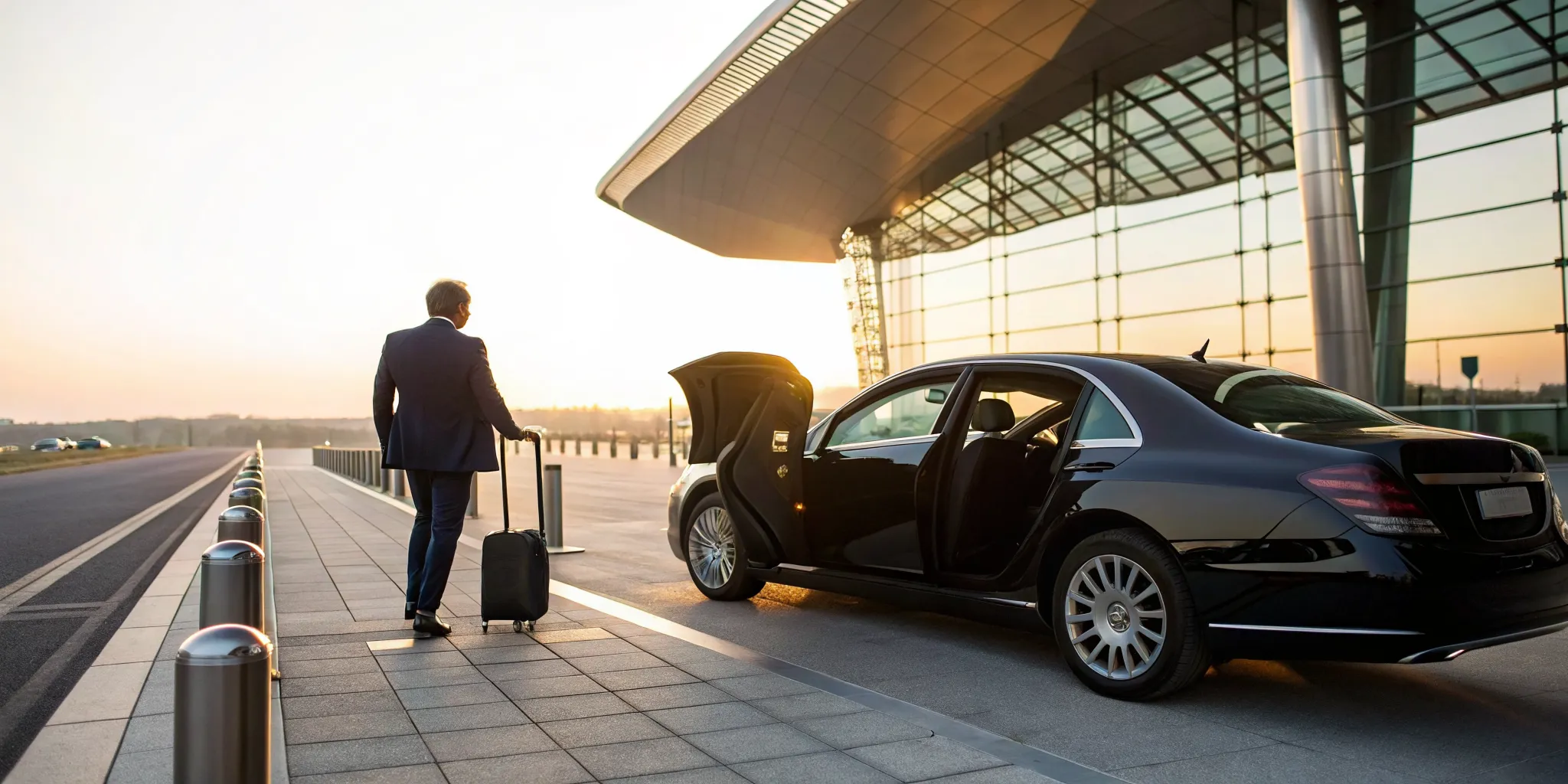 Business traveler with a suitcase walks to a black KOP airport limo at sunrise.