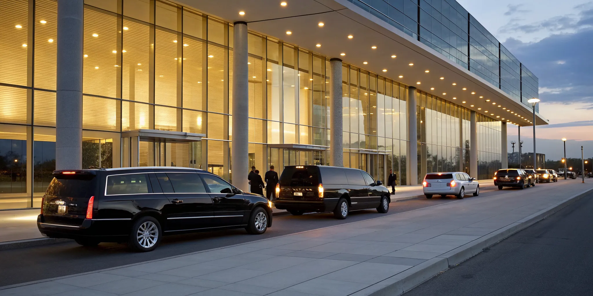 Luxury event transportation with limos and executive cars lined up at a modern Newark venue.