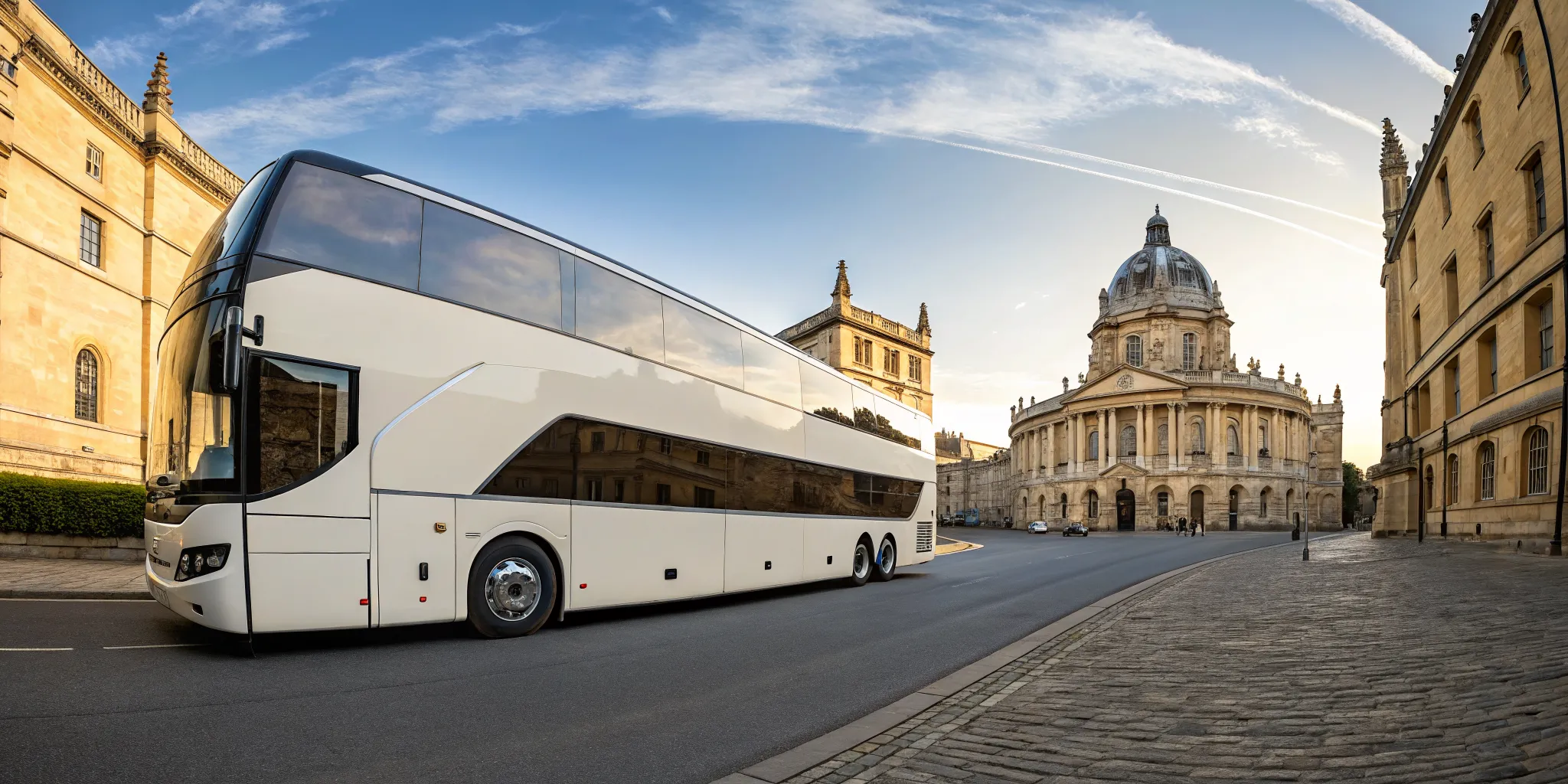 A modern charter bus rental in Oxford near historic university buildings.