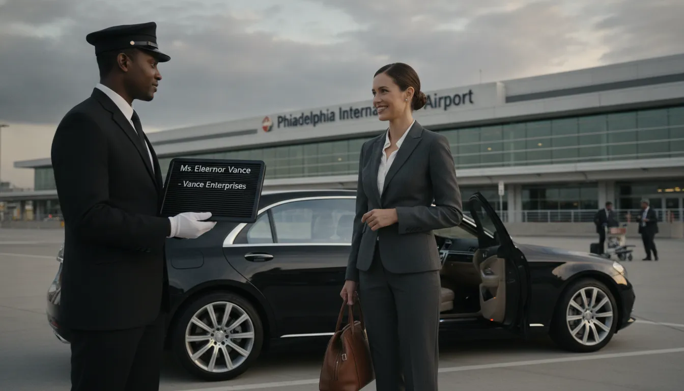 Professional chauffeur greeting executive at Philadelphia airport with luxury sedan