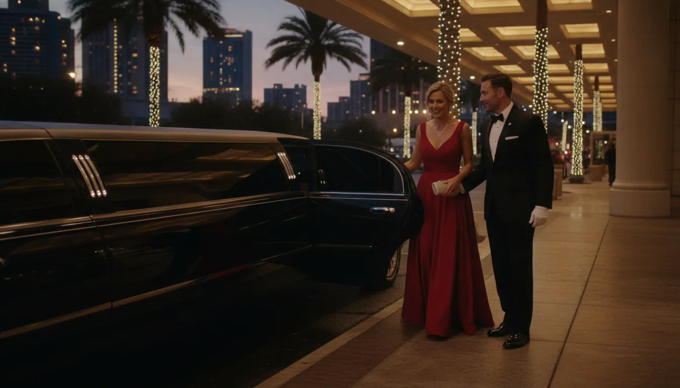A sleek black VIP limousine parked outside a glamorous Atlantic City casino resort at dusk with a chauffeur opening the door