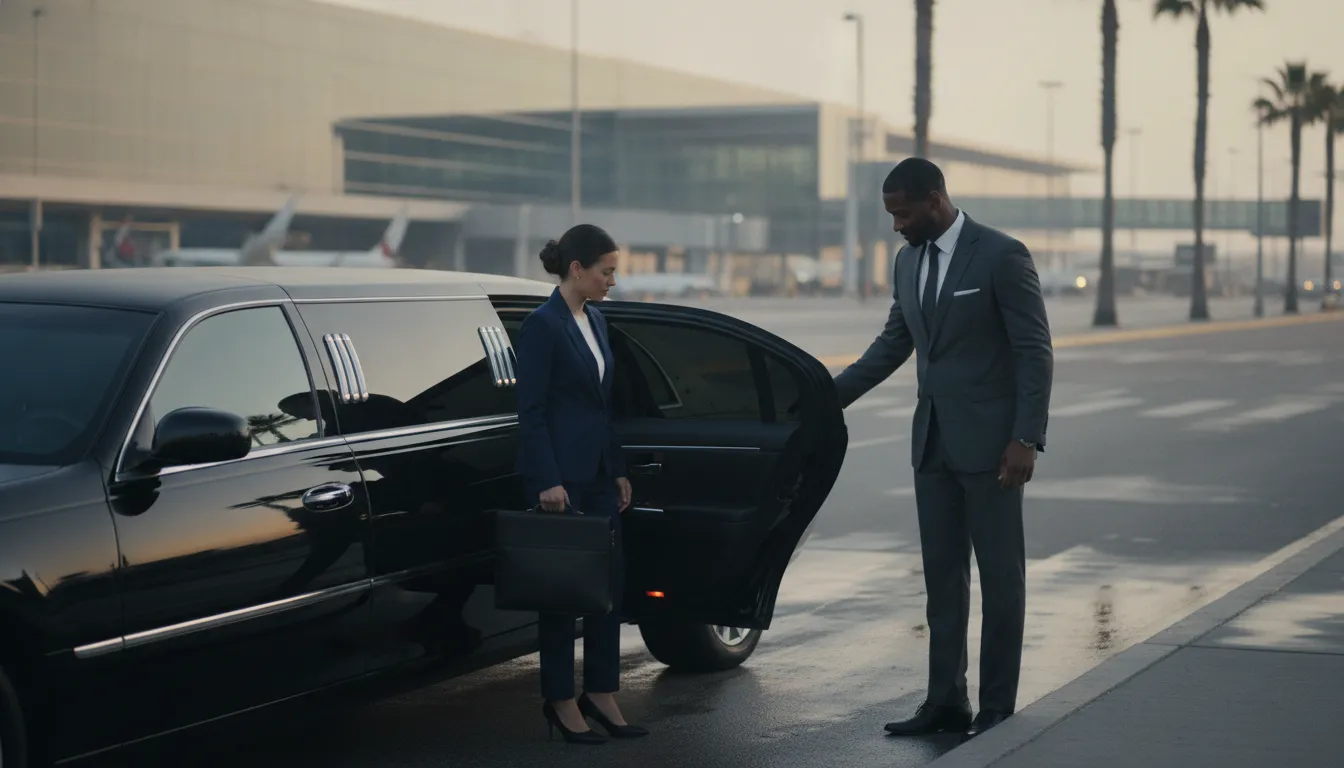 Professional chauffeur in a suit opening the door of a luxury black sedan limousine at an airport terminal