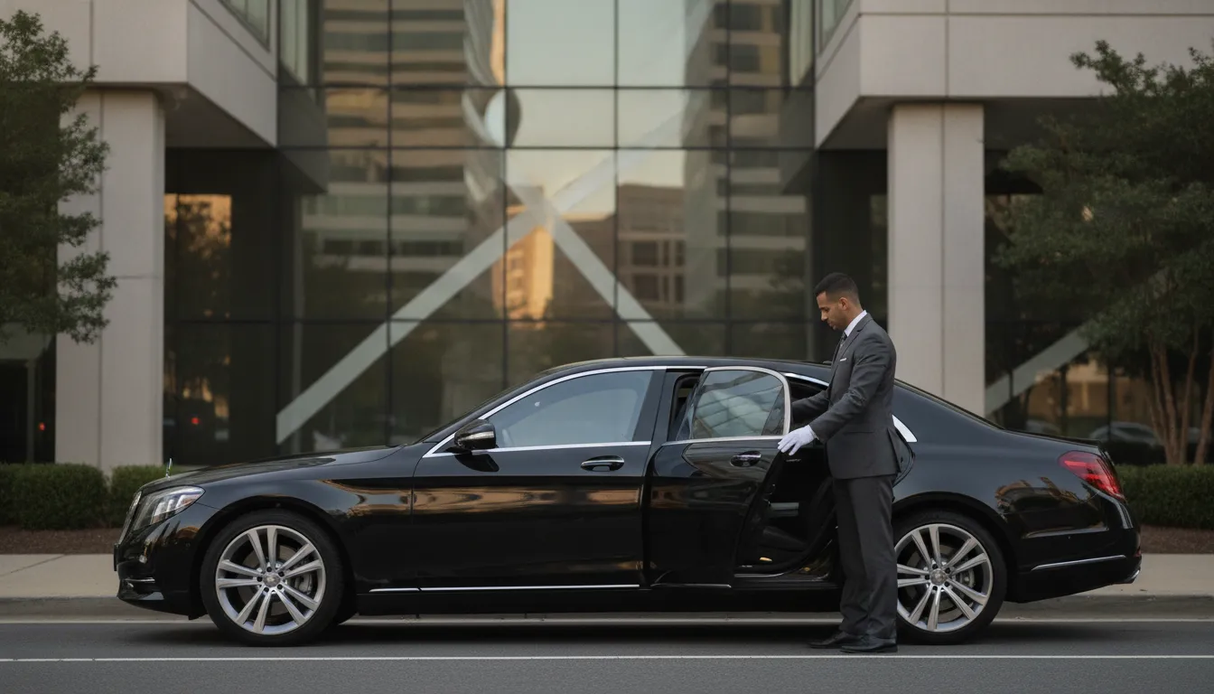 Professional chauffeur opening the rear door of a black luxury sedan for a client in Princeton, New Jersey