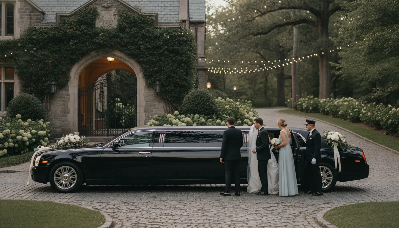 Wedding transportation Philadelphia vehicle arriving at an elegant venue