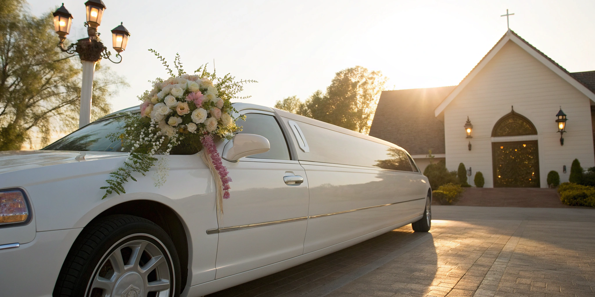 A classic white stretch limo decorated for a wedding, a stylish option for your wedding limo service.