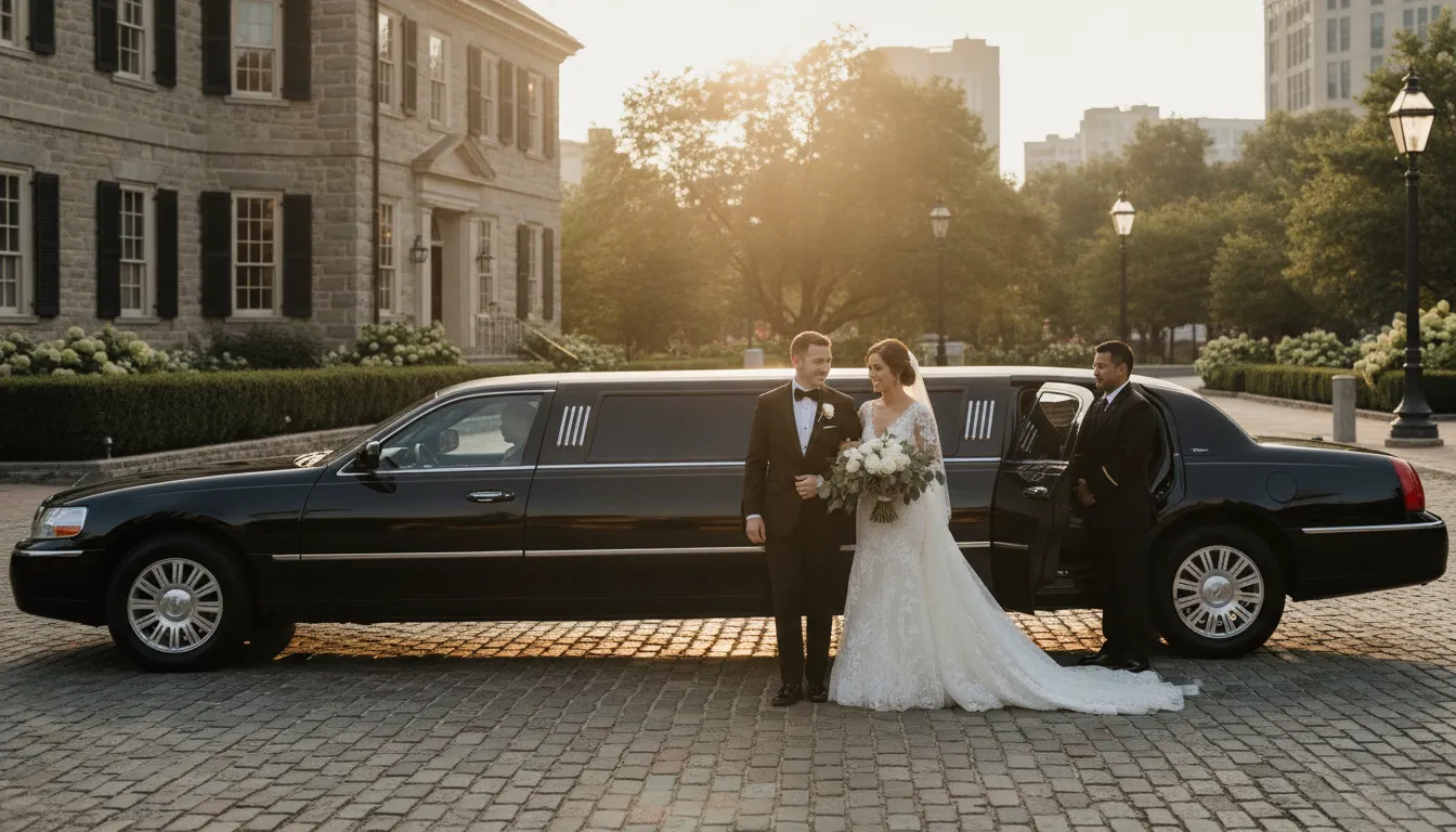 Luxury wedding transportation outside a Philadelphia venue