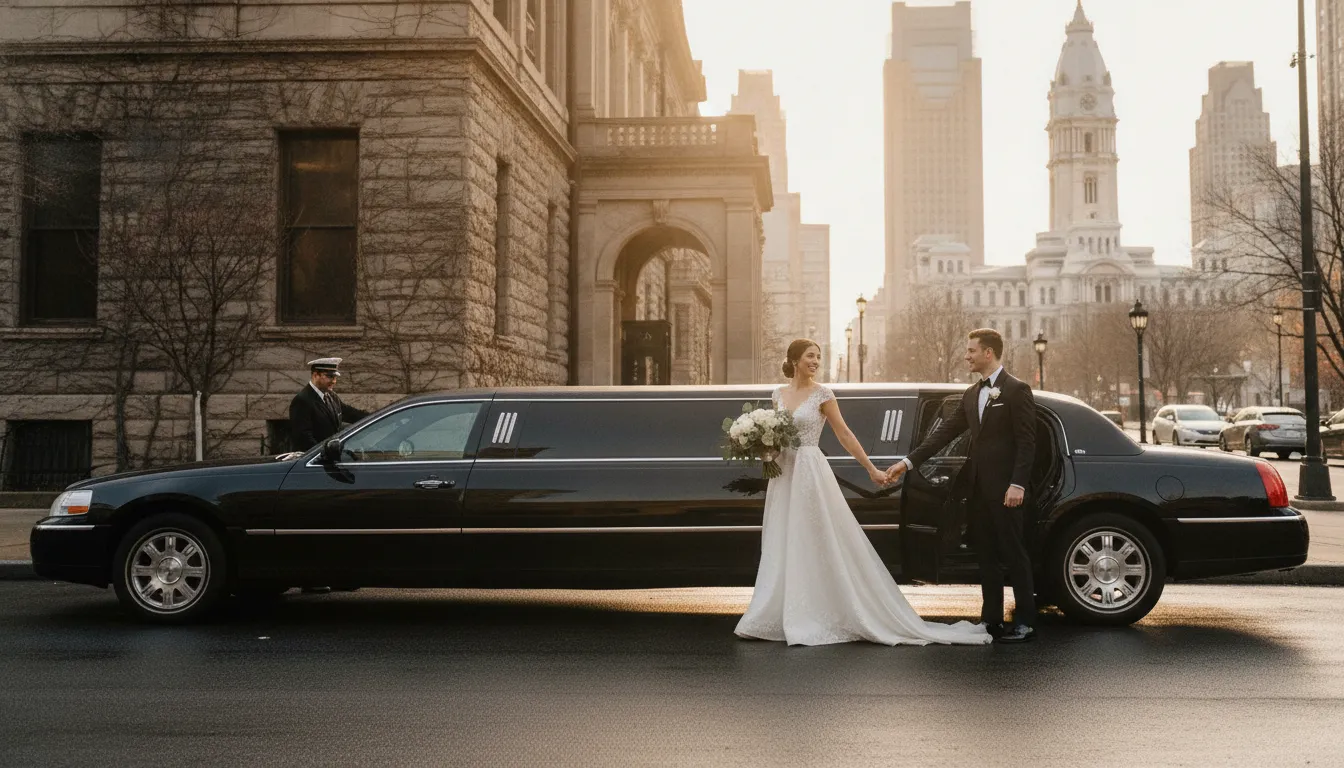 Luxury wedding transportation outside a Philadelphia venue