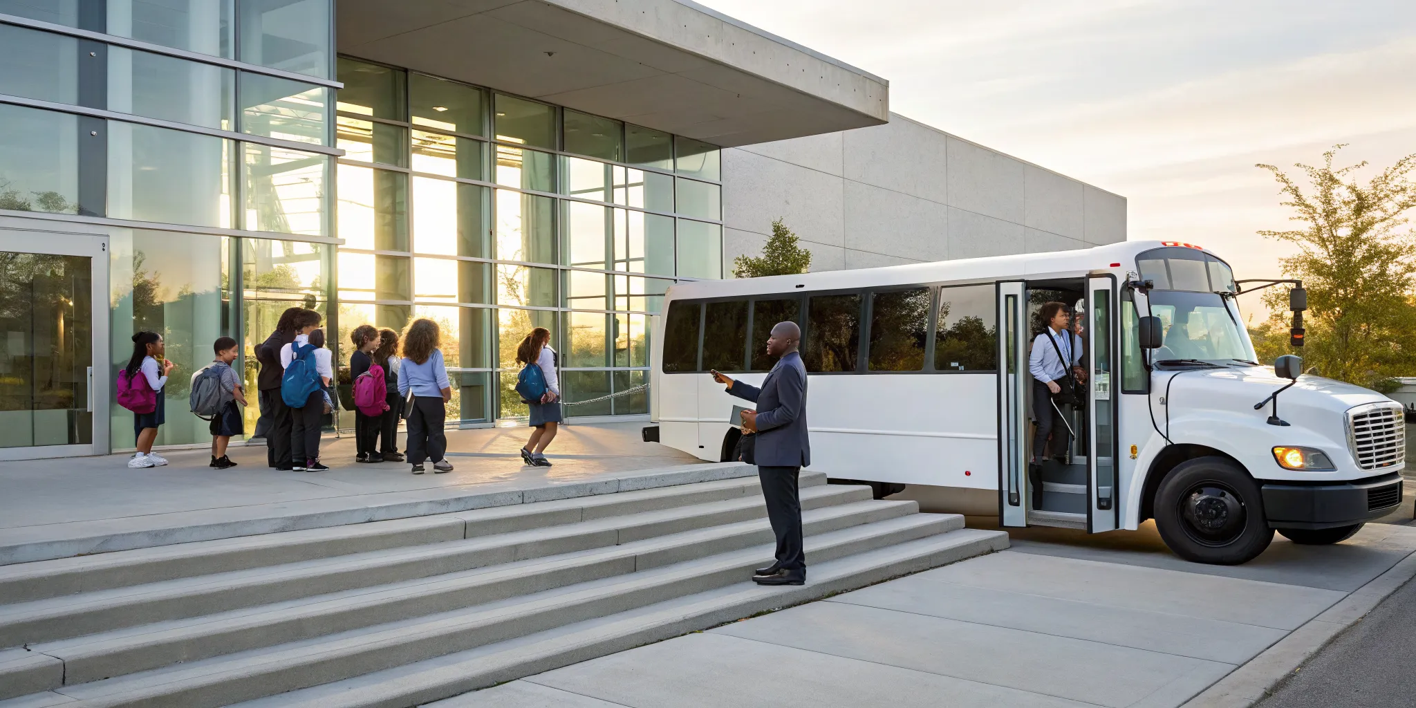 A school group shuttle service drops off students in front of their school.