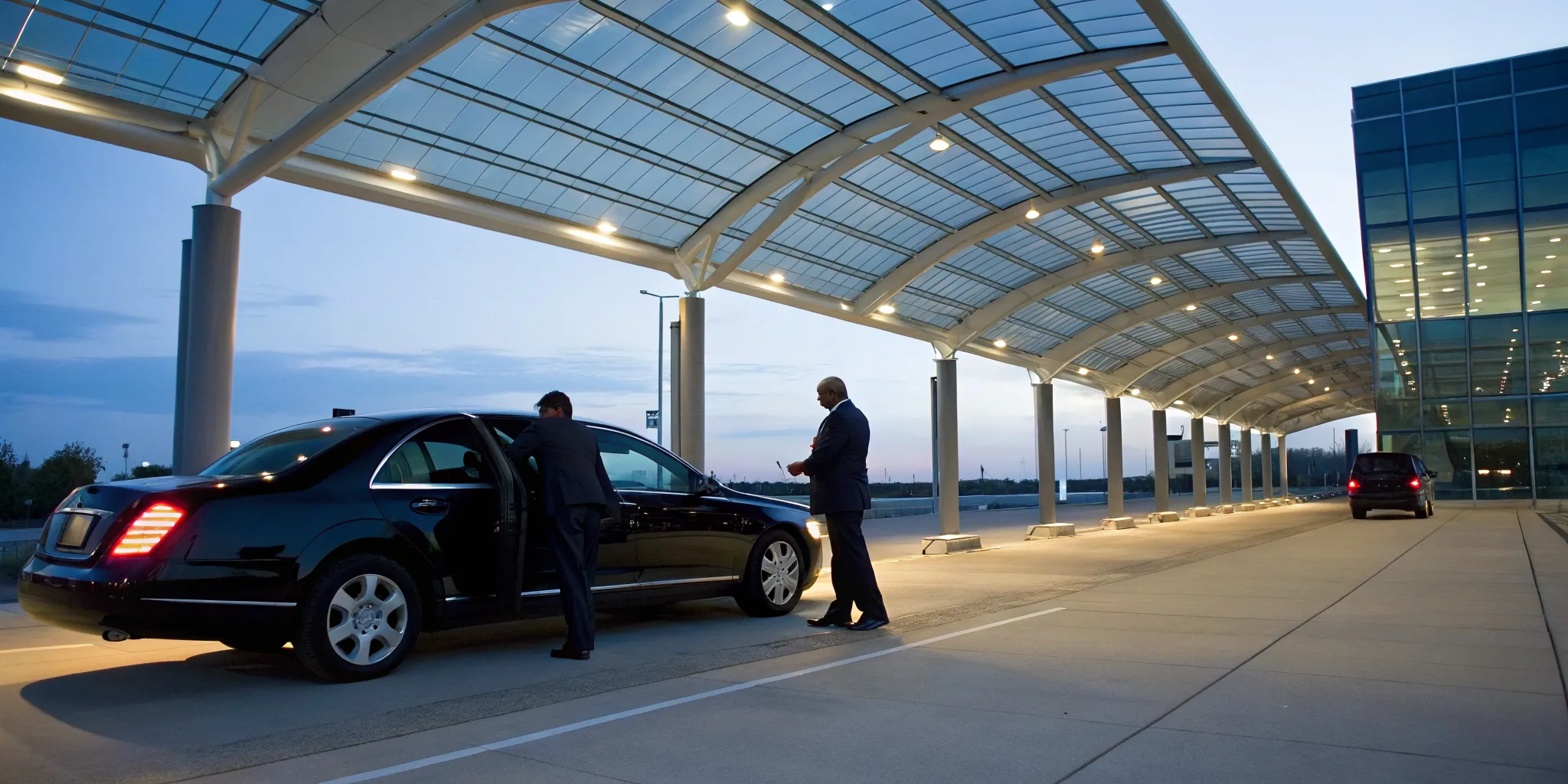 A luxury black car and chauffeur offering an executive car service for airport transfers.
