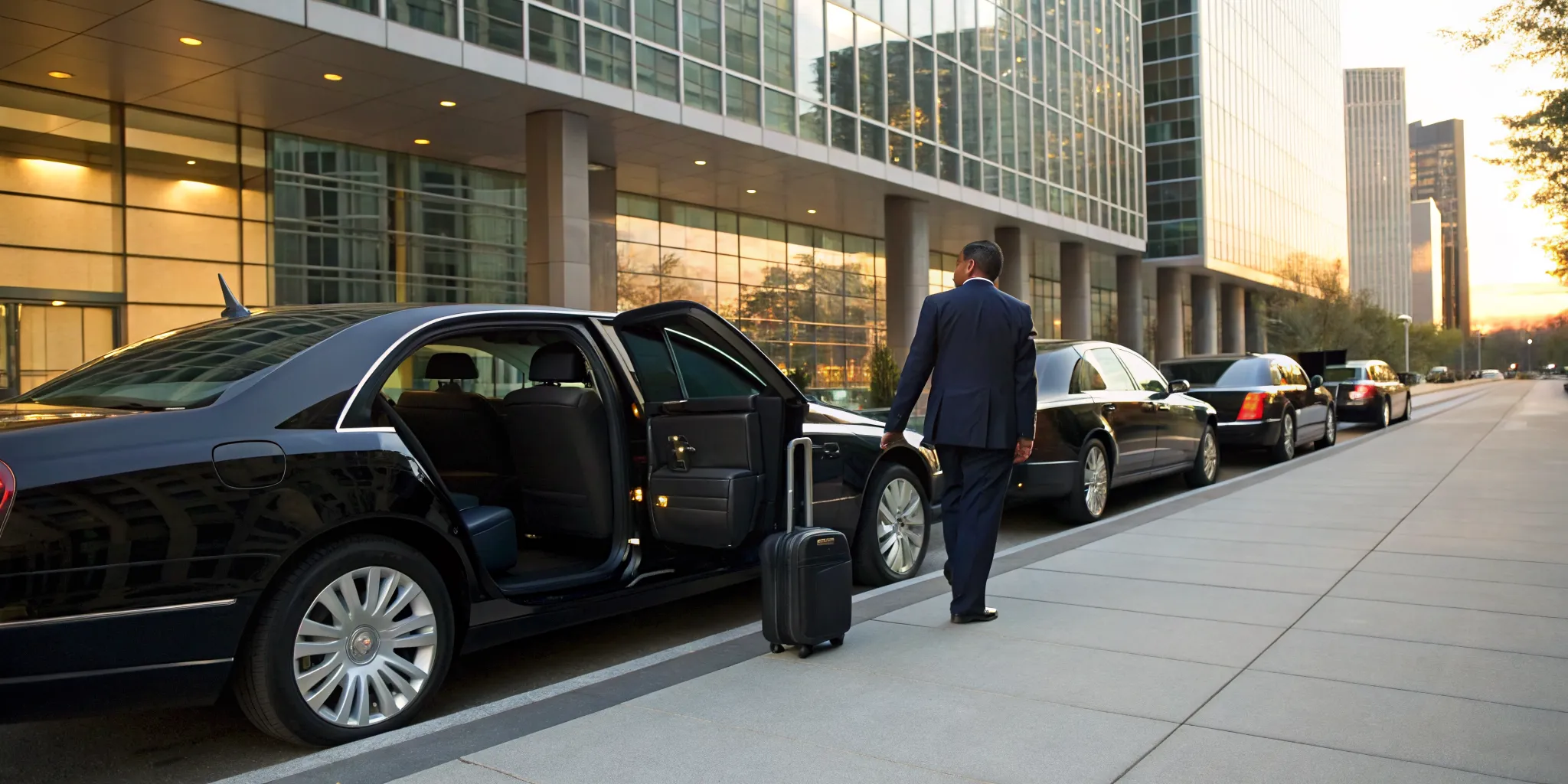 Executive with a suitcase approaching a luxury sedan for a roadshow chauffeur service.