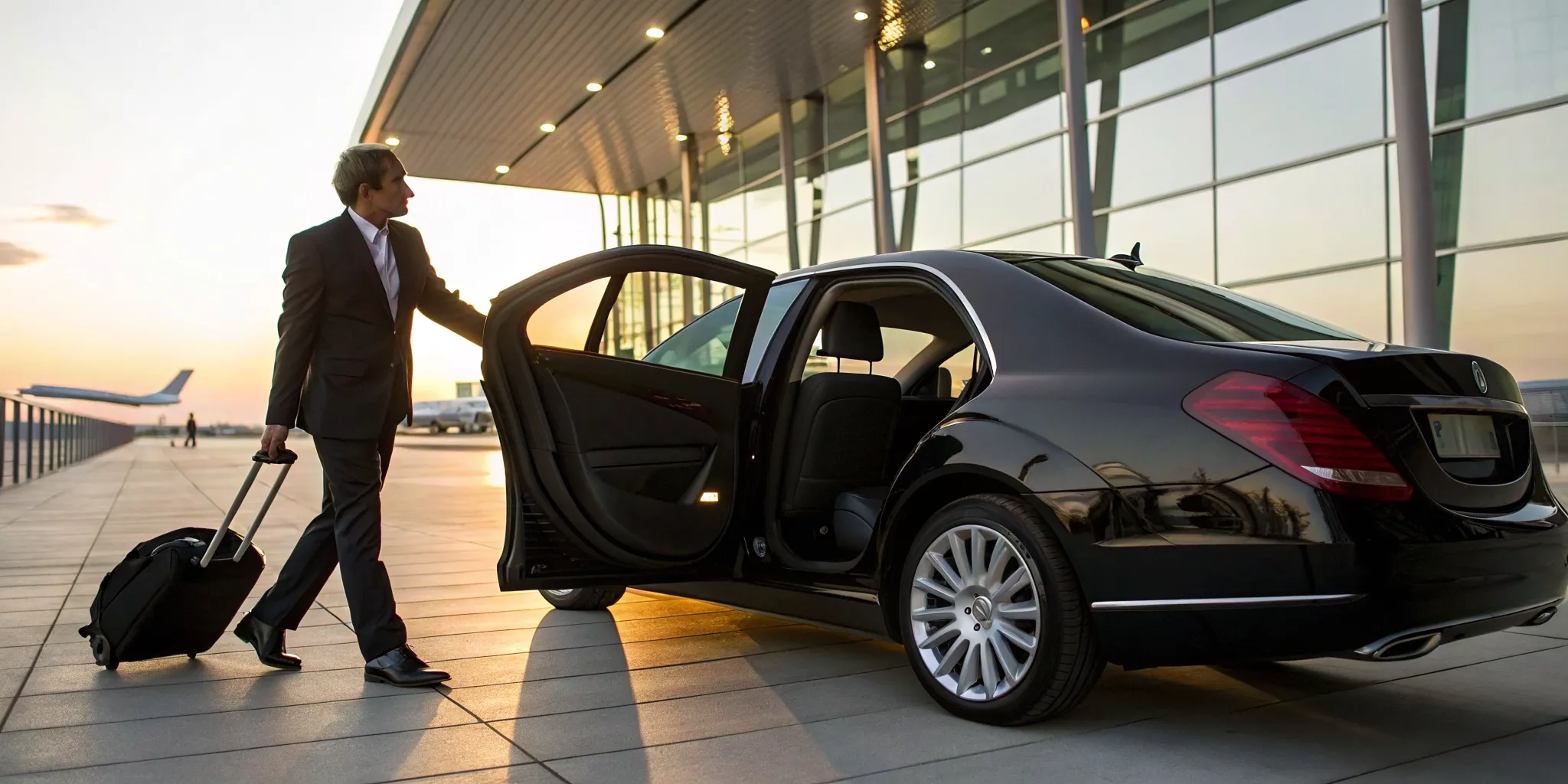 Chauffeur assisting a business traveler into a black car for an airport transfer.