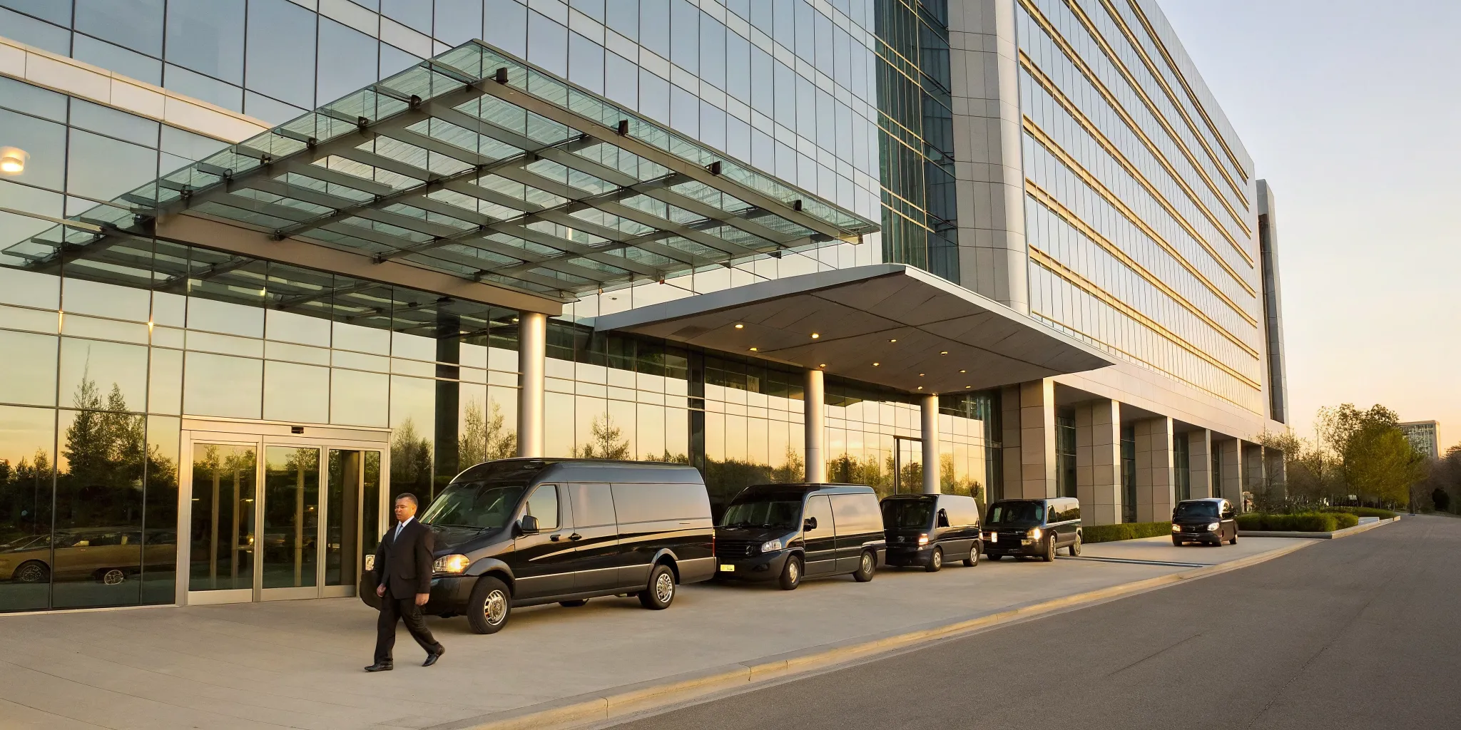A fleet of corporate vans parked at an office, a professional group transportation solution.