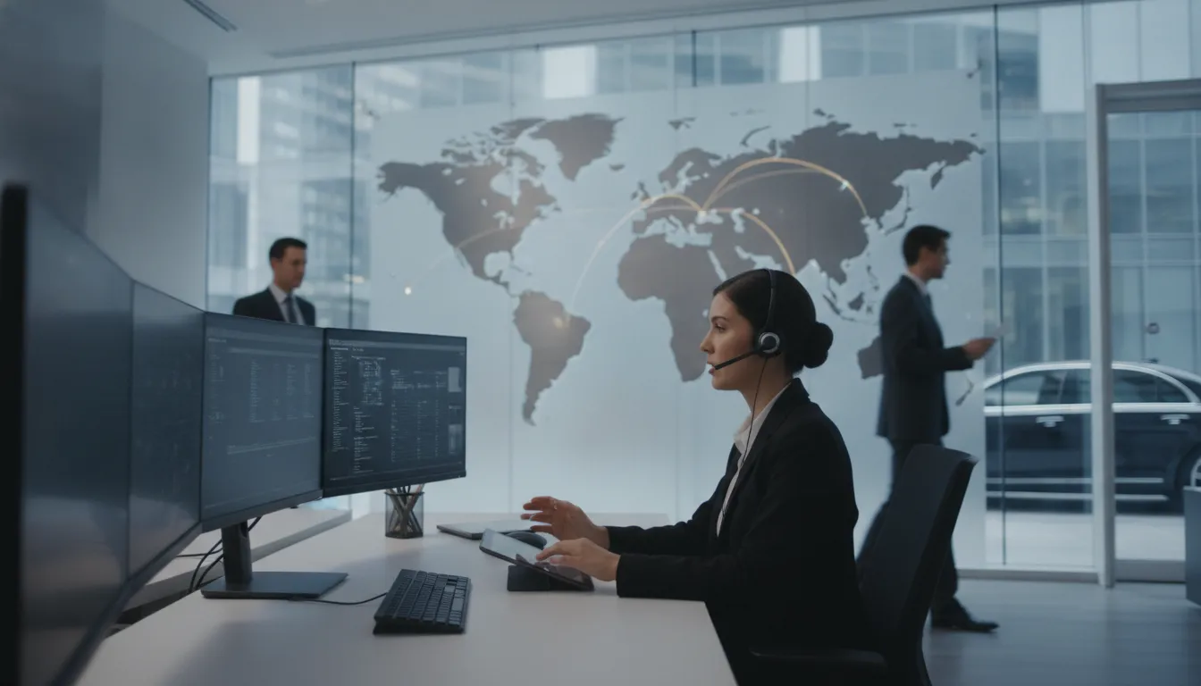 Travel manager reviewing global ground transportation coordination across multiple cities with digital scheduling tools