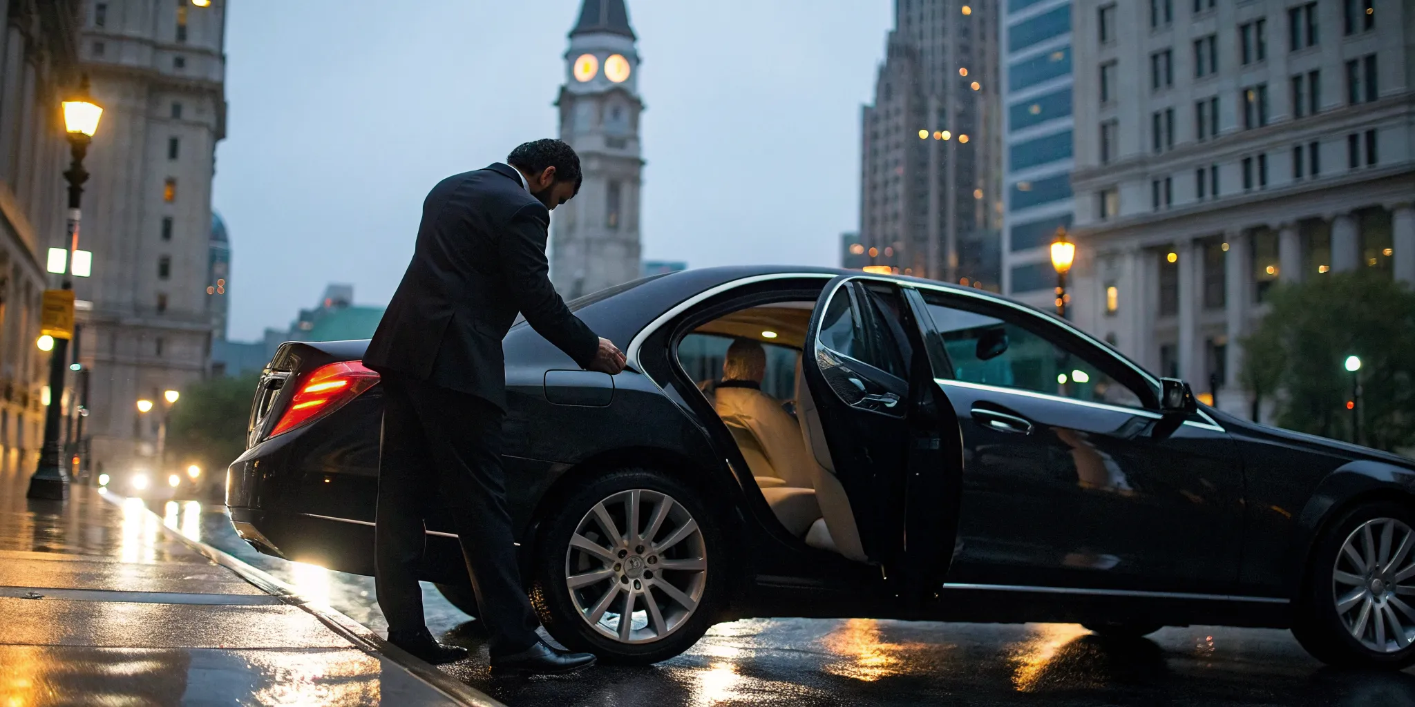 Chauffeur for a black car service in Philadelphia opening the door to a luxury car.