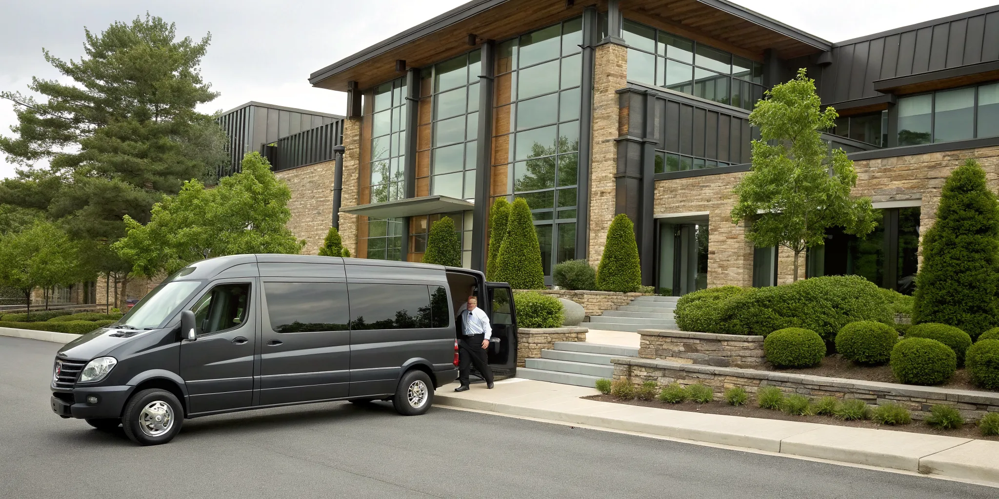 Chauffeur opening the door of a Glen Mills group transfer service van for passengers.