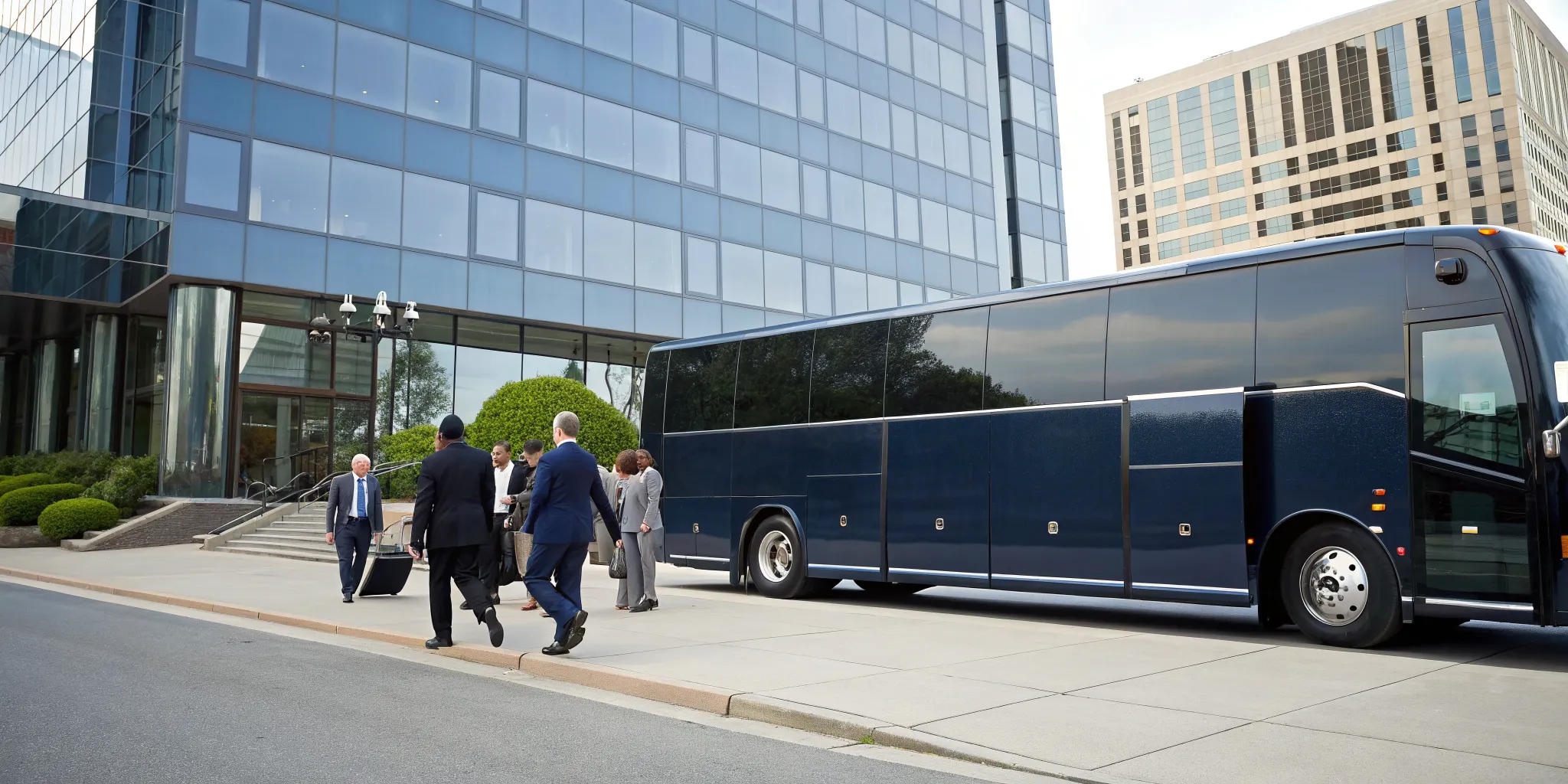 Business professionals boarding a charter bus for group transport in KOP.