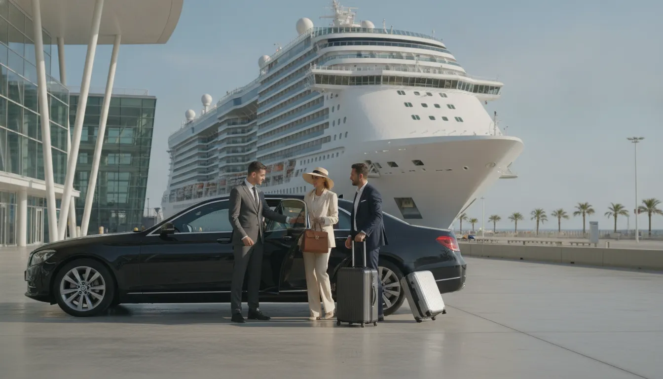 Luxury sedan at cruise terminal with chauffeur assisting passengers