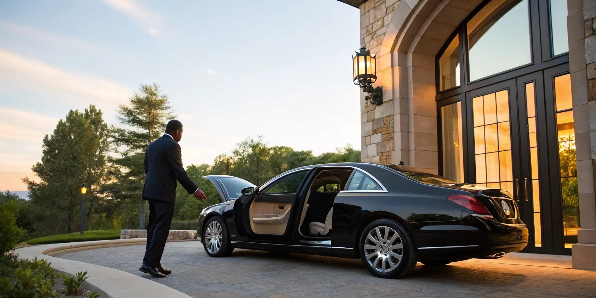 A Glen Mills chauffeur service with a luxury black sedan parked outside a residence.
