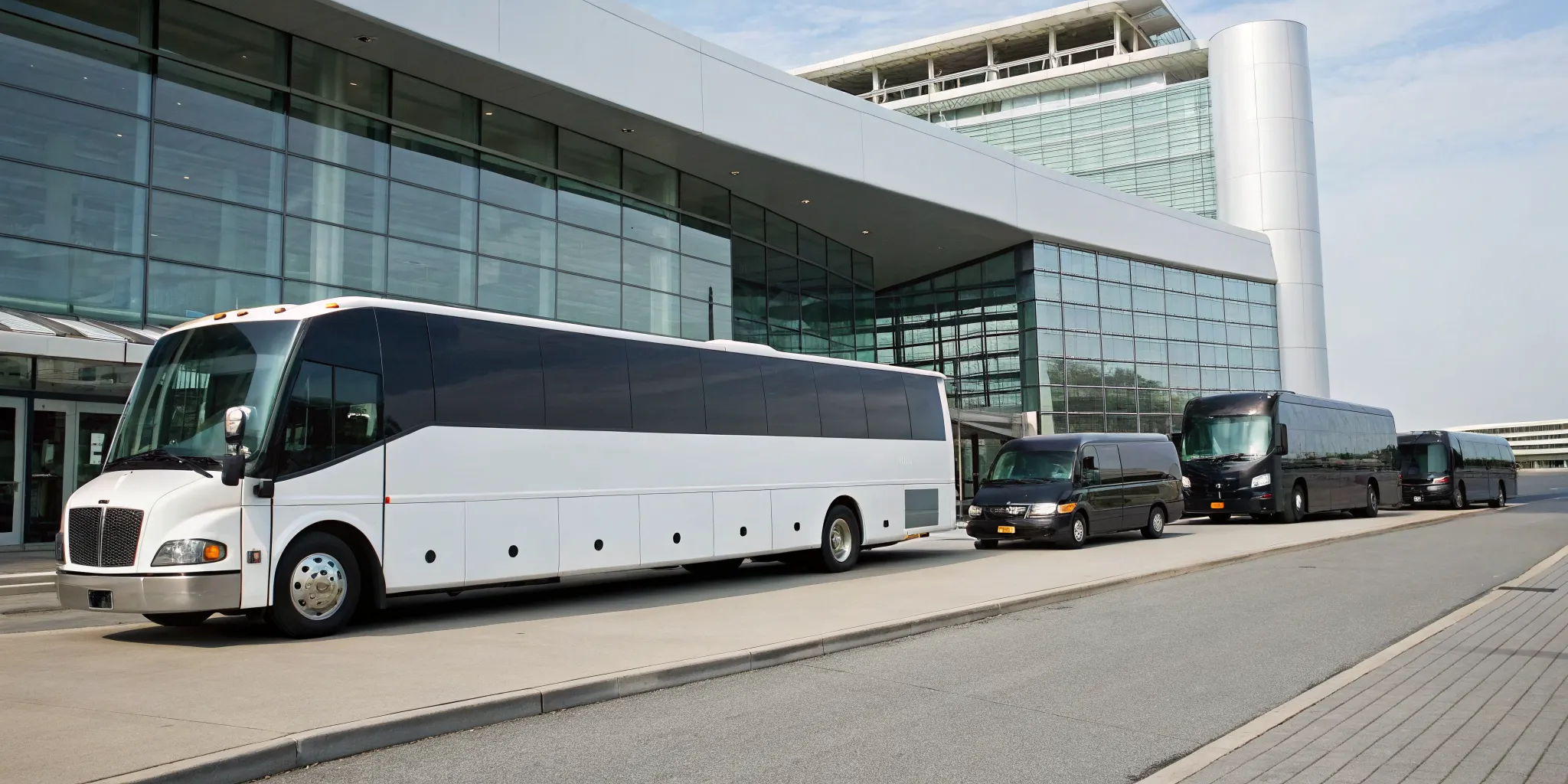 Charter buses, vans, and shuttles for group transportation at Newark airport.