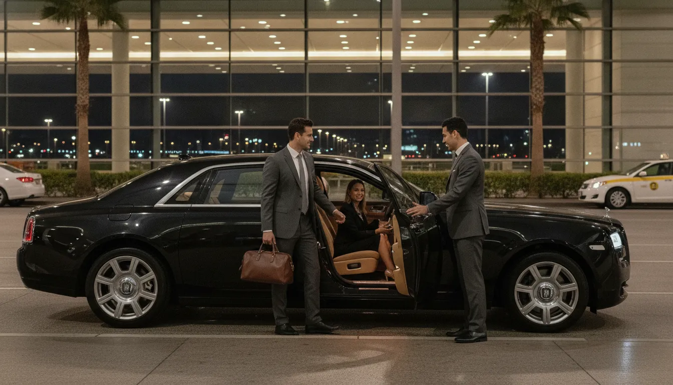 Chauffeur in a luxury black sedan greeting a traveler at Philadelphia International Airport