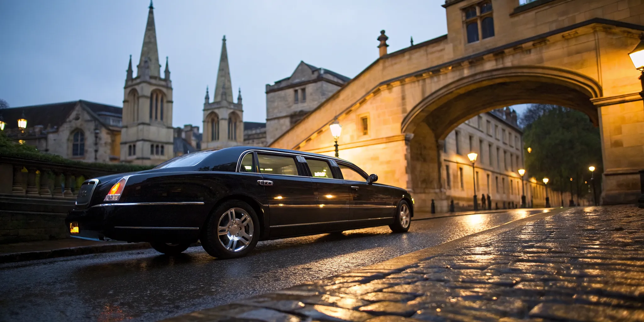 Black event limo parked on a historic Oxford street at dusk.