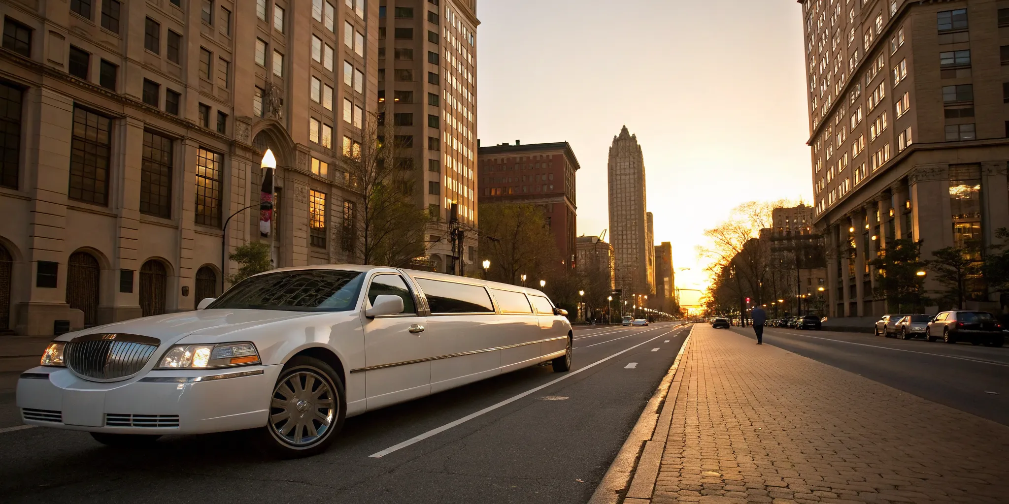 A classic white stretch bridal limo parked on a street in Newark.