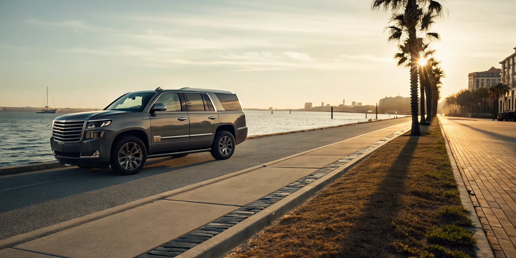 A premium SUV parked along the scenic Wilmington waterfront at sunset.