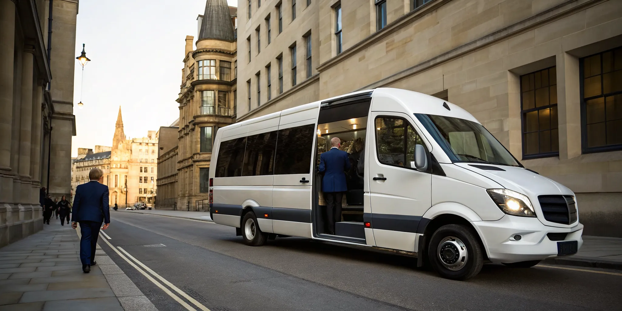 An Oxford shuttle service van picking up passengers on a historic city street.