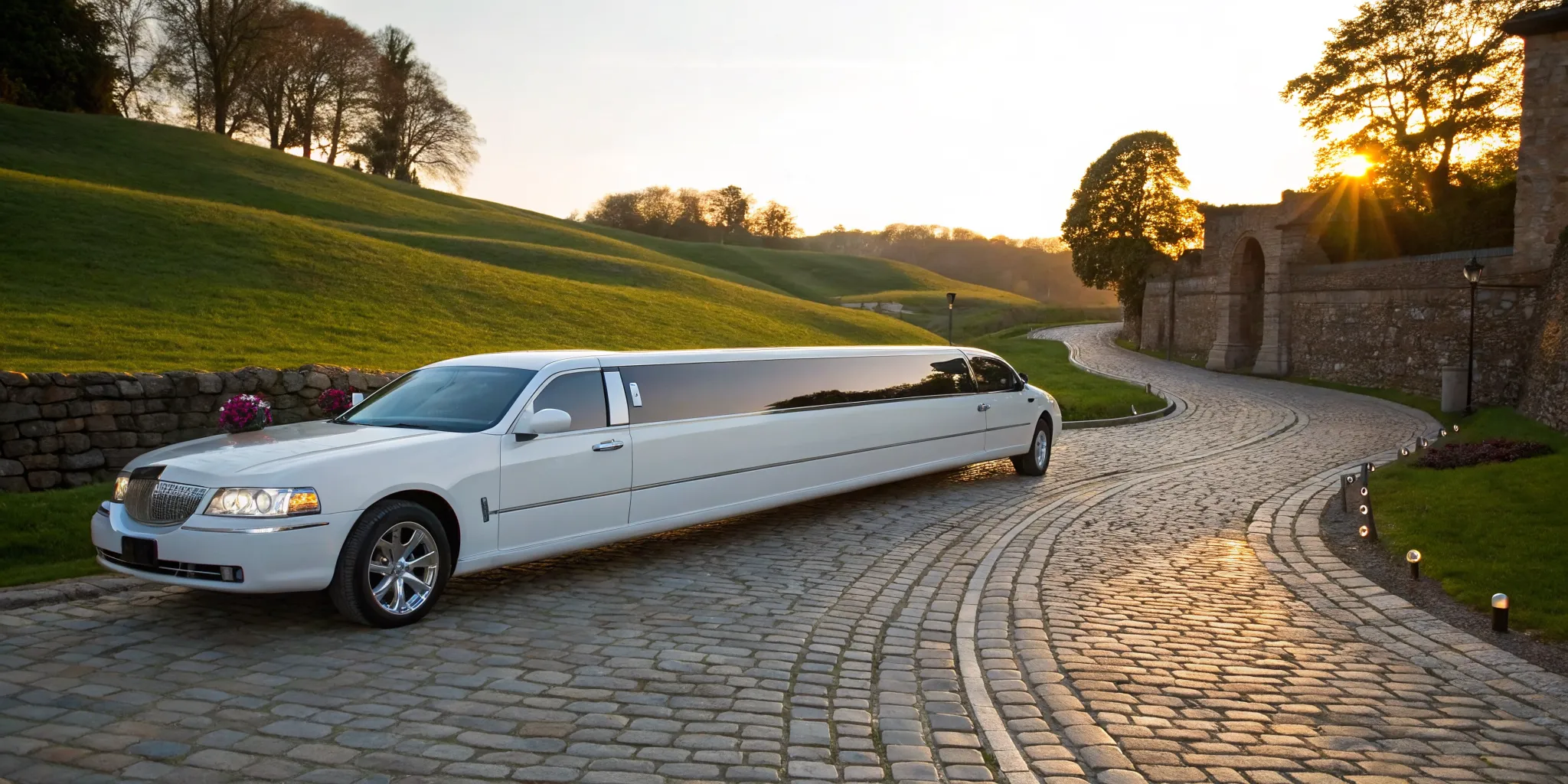 White stretch bridal limo on a scenic cobblestone road in Glen Mills.