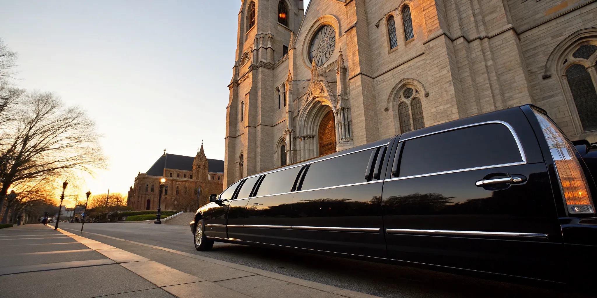 A black wedding limo parked outside a church in Newark at sunset.