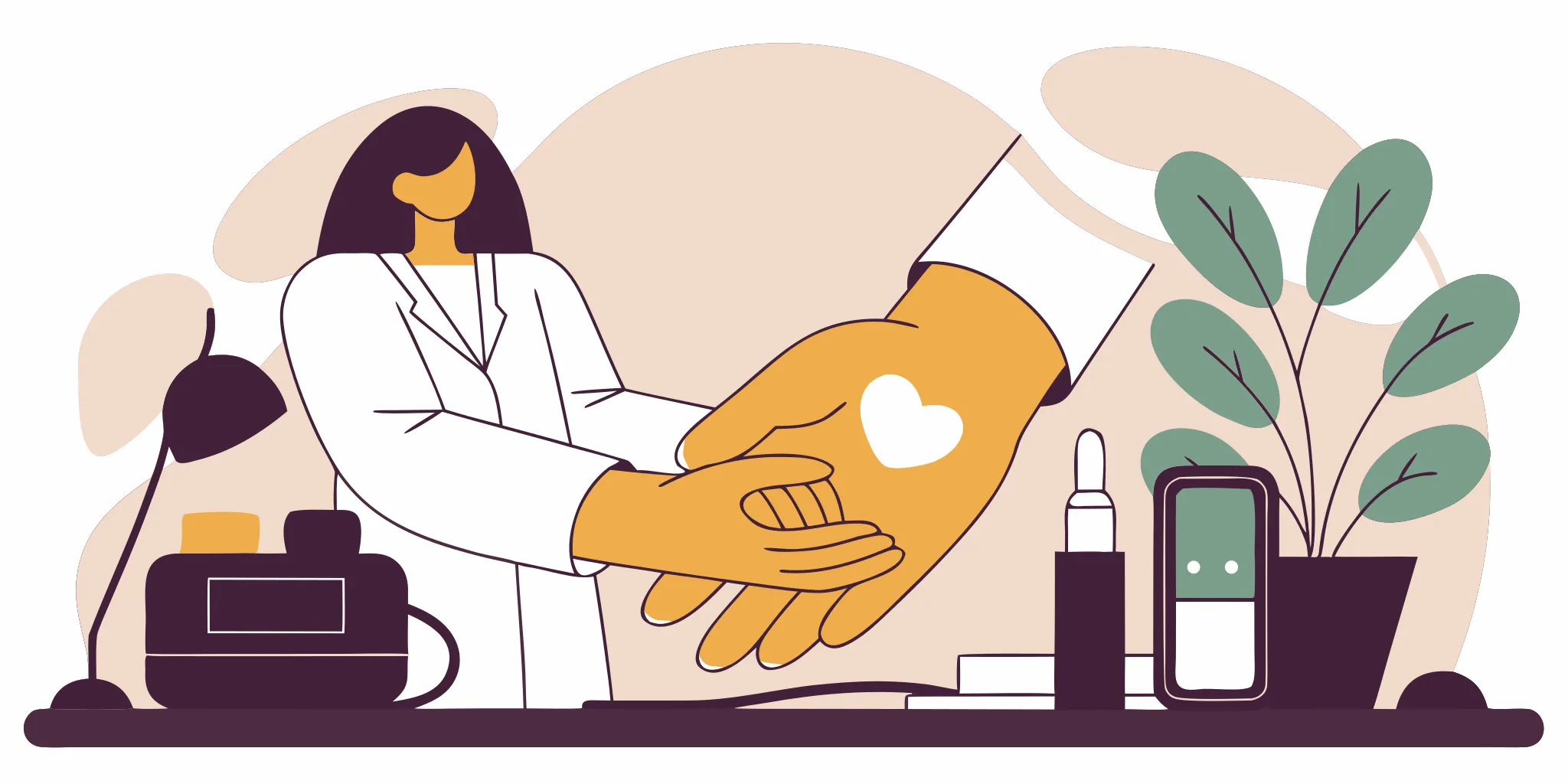 Doctor holding a patient's hand over a heart symbol for chronic care management support.