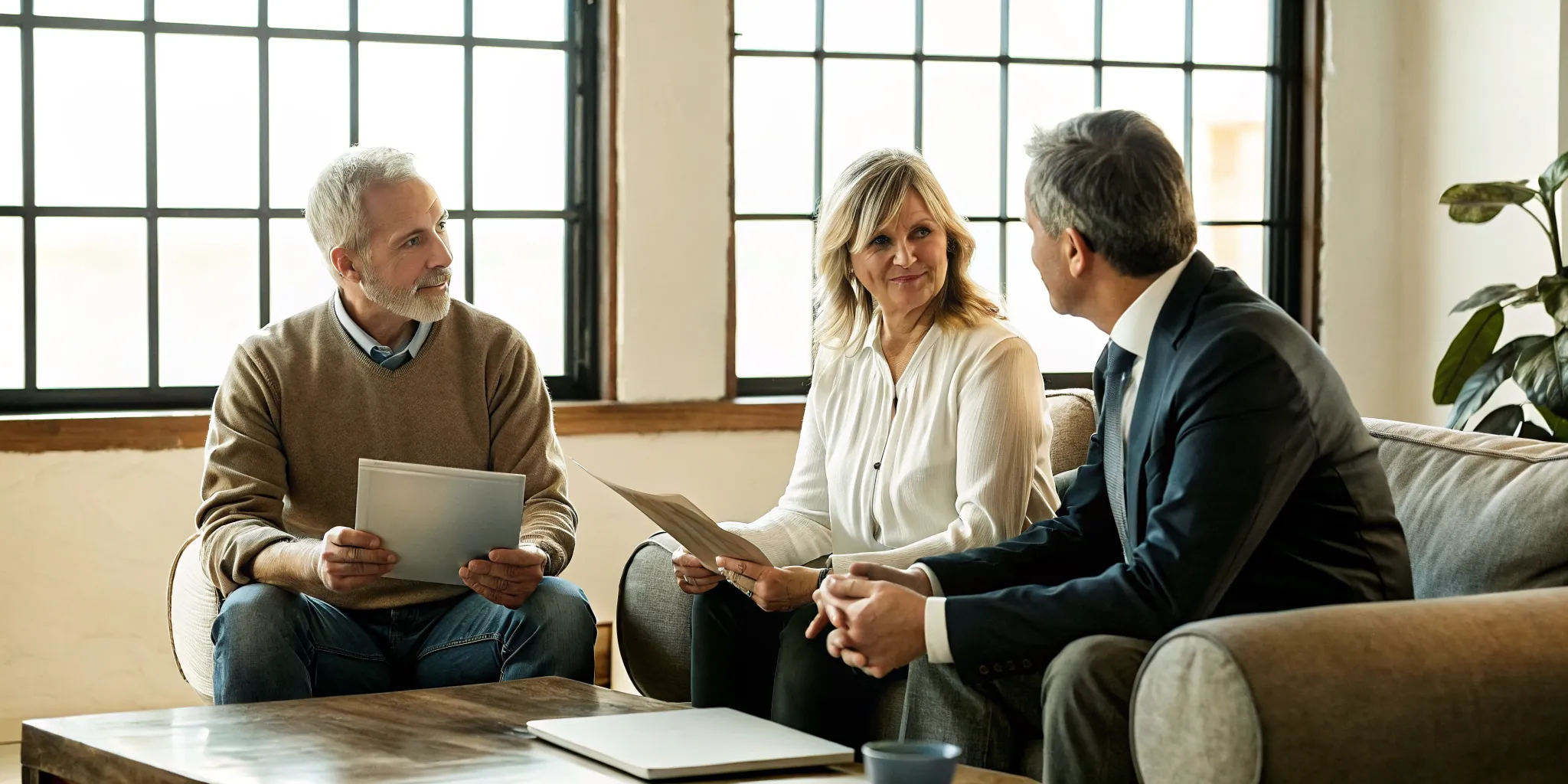 Retired couple reviewing near-term, stability, and long-term retirement income buckets