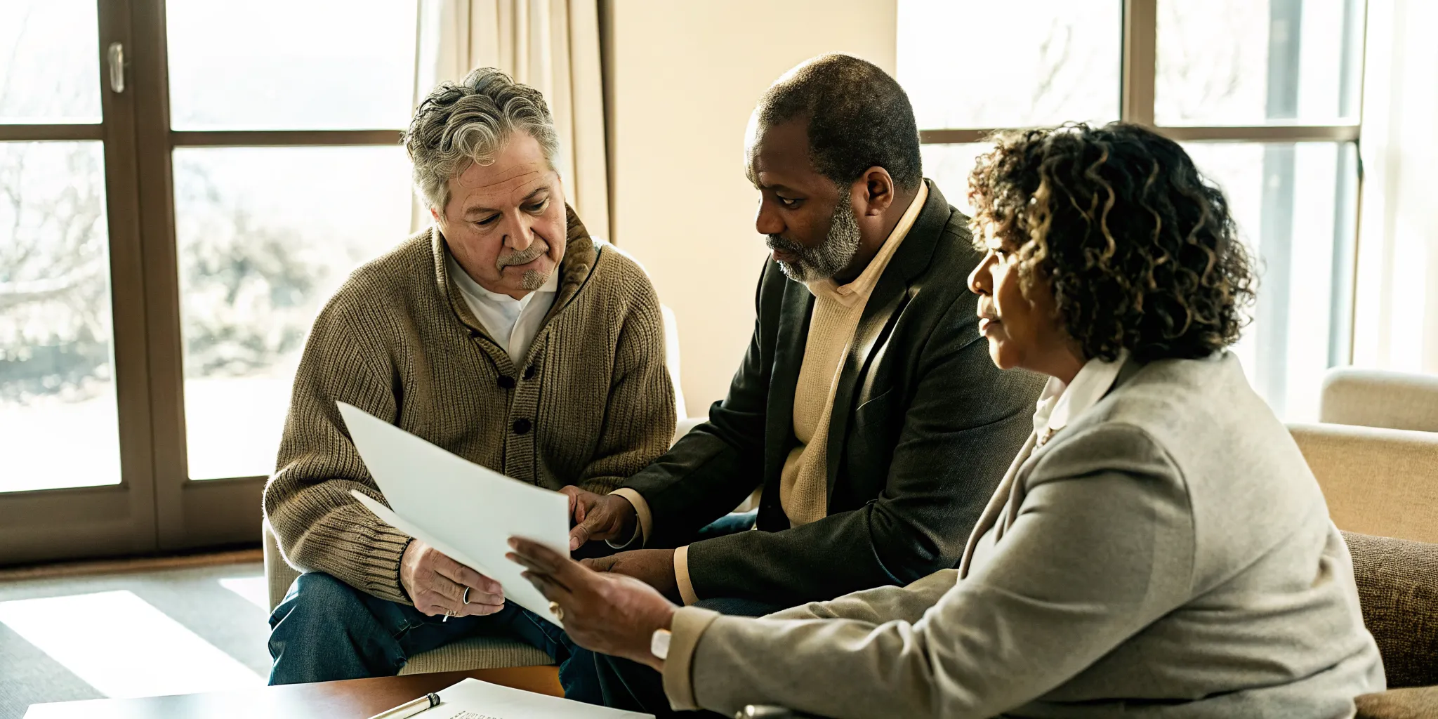 Retired couple and advisor coordinating retirement income, investments, risk, and taxes