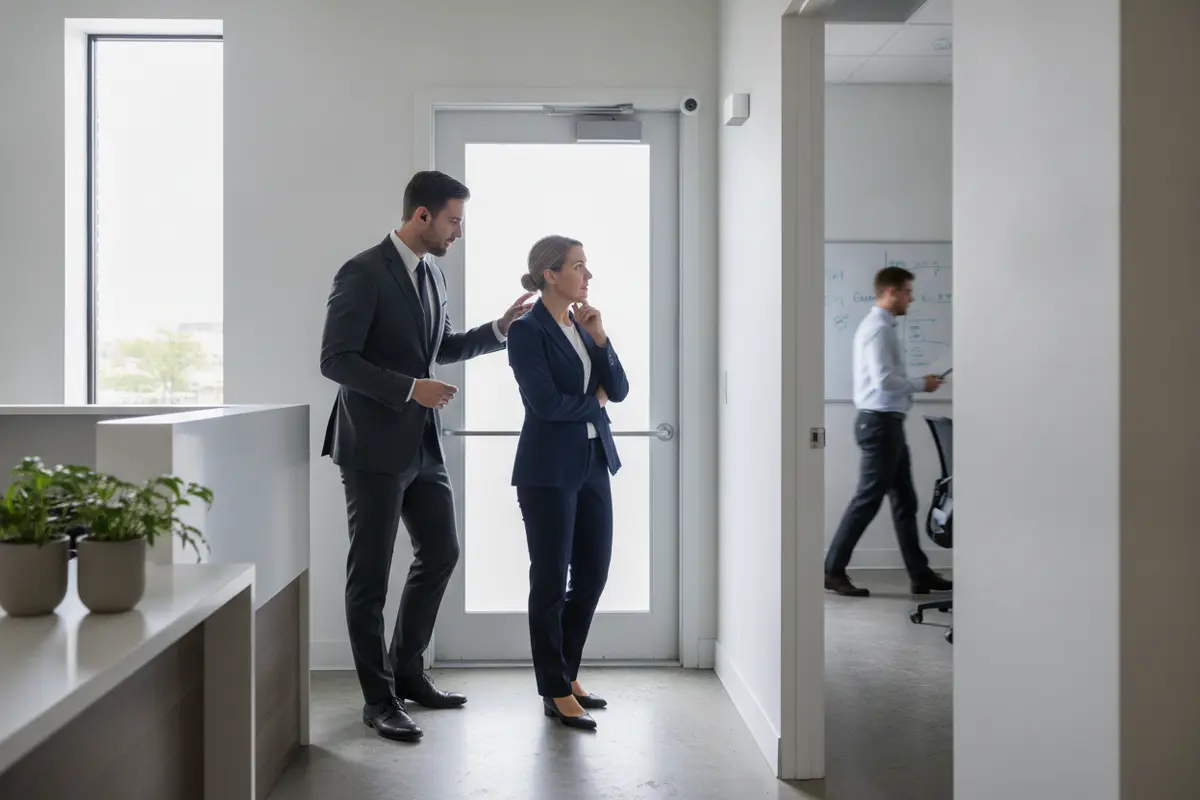 A security professional assessing entry points and sensor locations in a business interior
