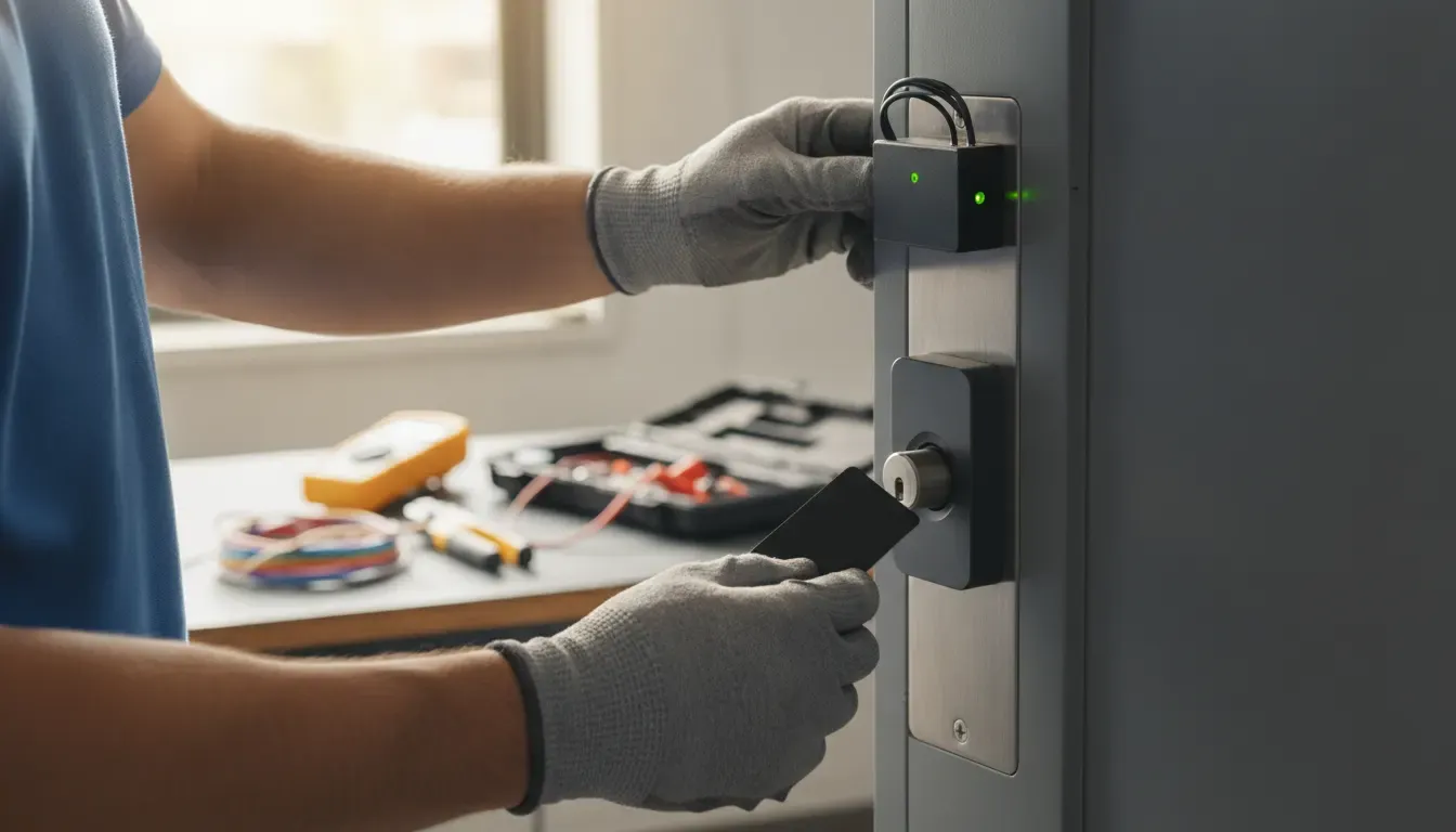 Atlanta access control installer testing a commercial door reader