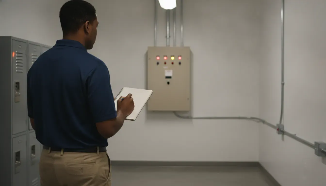 Facility manager reviewing a commercial alarm panel alert