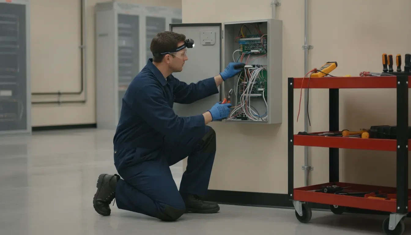 Qualified technician inspecting a commercial alarm control panel