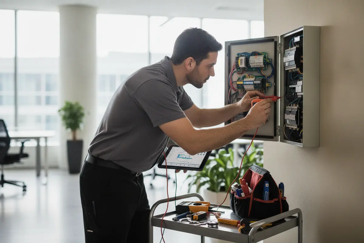 Alarm technician reviewing a commercial control panel during service