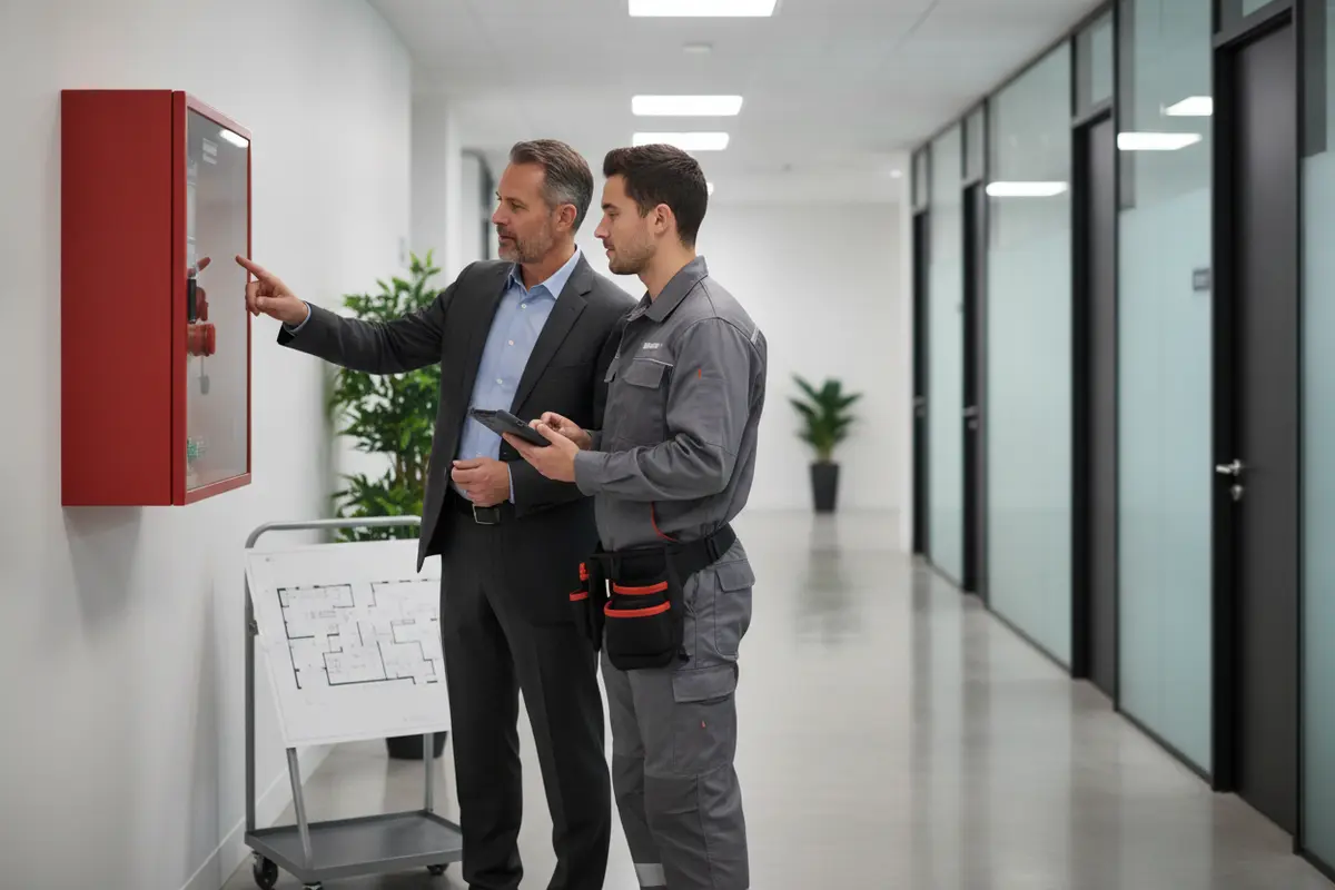 Building manager and fire alarm technician coordinating access before service