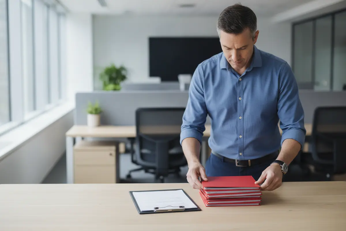 Facility manager organizing fire alarm records before a scheduled inspection