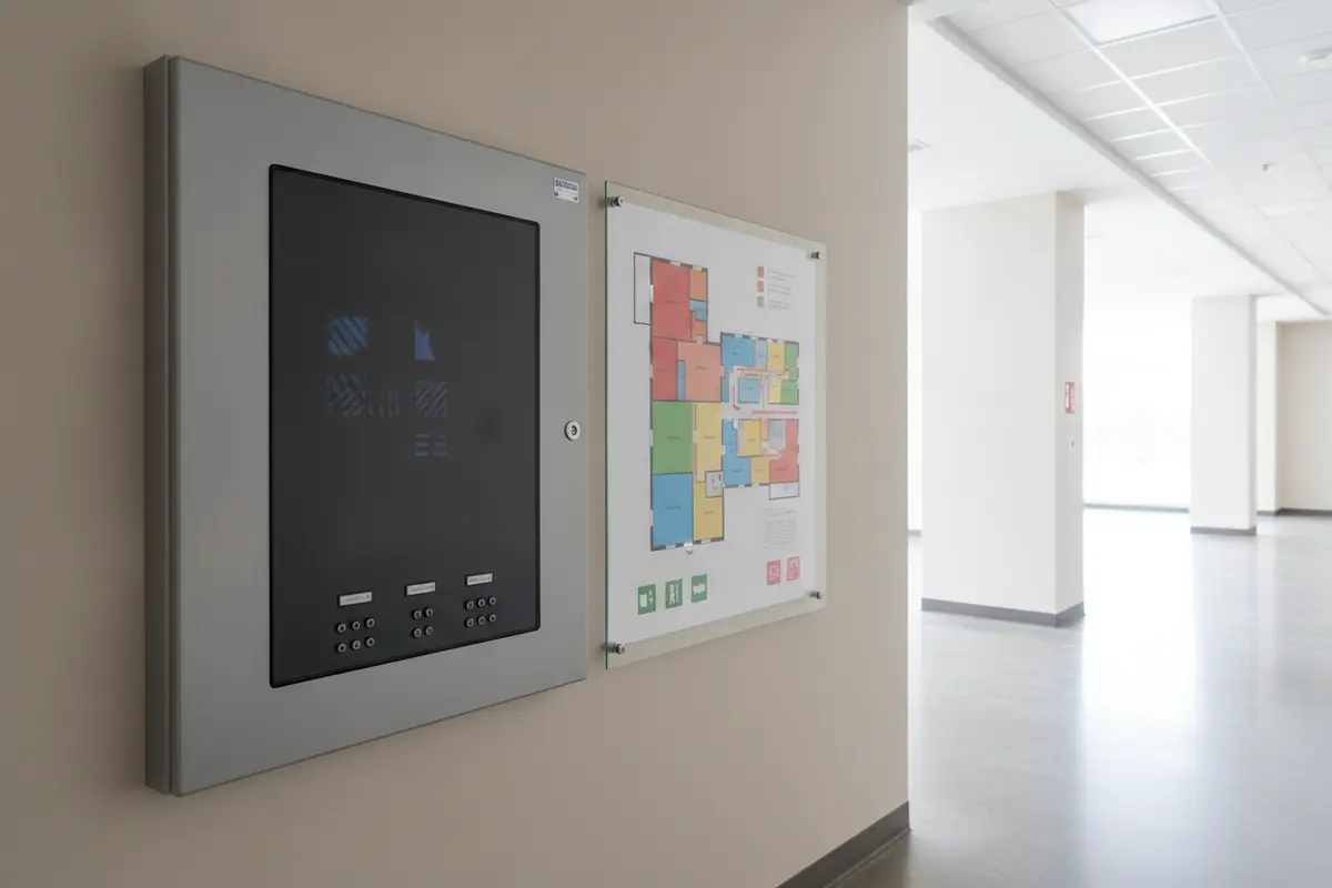 Fire alarm control panel beside a clearly labeled zone plan in a commercial building